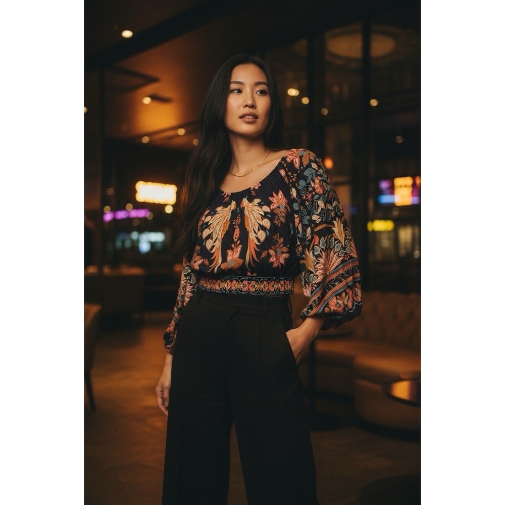 FARM RIO Anthropologie Navy Floral Birds Womens Cropped Biriba Top PP Small XS